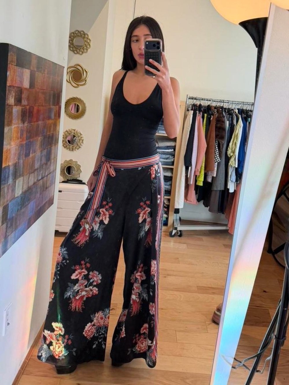 Women's Black Floral Wide-Leg Pants with Tie Waist